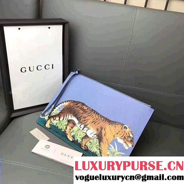 Gucci Tiger Print Leather Pouch 454309 Blue 2017 (WY-7060316 )