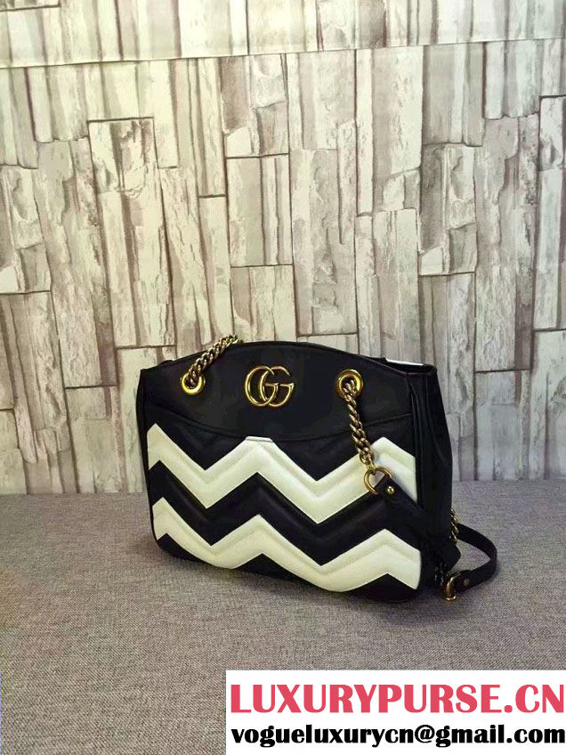 Gucci GG Marmont Matelassé Chevron Tote Medium Bag 443501 Black/White 2016