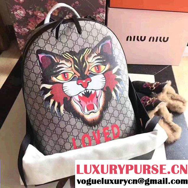 Gucci Angry Cat Print GG Supreme Backpack 419584 2017
