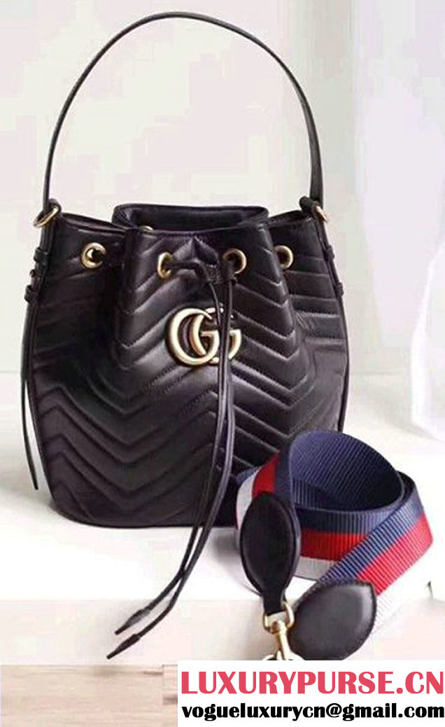 Gucci GG Marmont Quilted Leather Bucket Bag With Sylvie Web Strap 476674 Black 2017