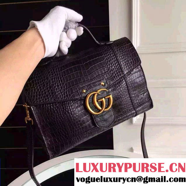 Gucci Croco Pattern GG Marmont Leather Top Handle Bag 421890 Black 2016