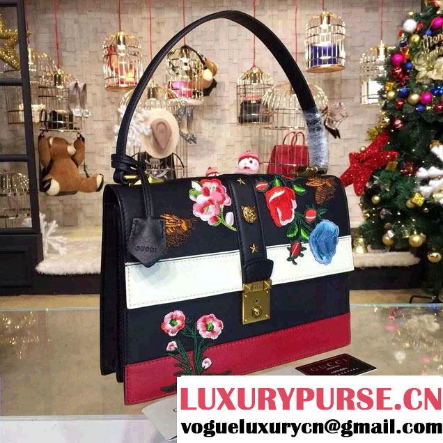 Gucci Embroidered Cat Lock Leather Top Handle Bag 421998 Black 2016