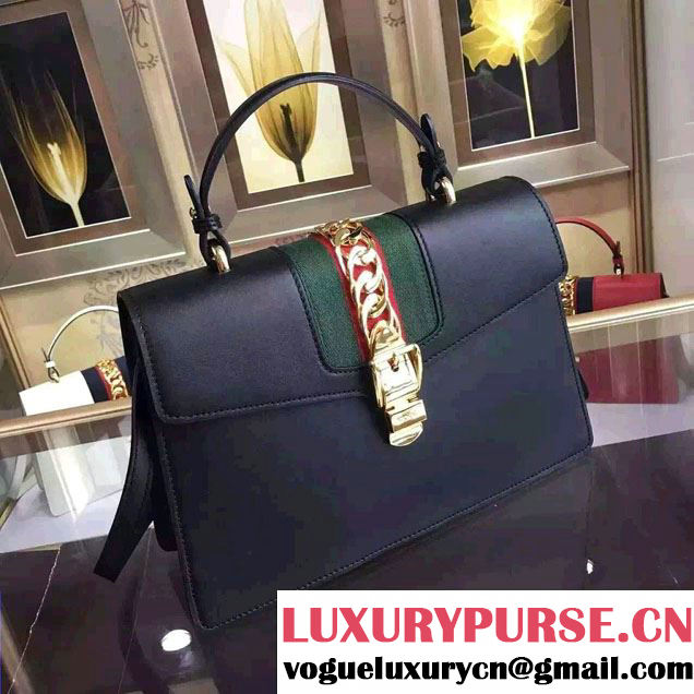 Gucci Sylvie Leather Top Handle Medium Bag 431665 Black 2016