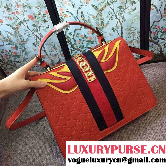 Gucci Sylvie Leather Signature Top Handle Medium Bag 431665 Red 2016
