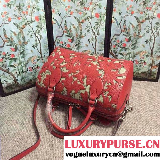 Gucci Arabesque GG Supreme and Leather Top Handle Small Boston Bag 409529 Red 2016