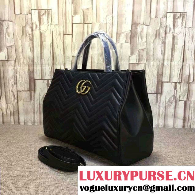 Gucci GG Marmont Matelassé Chevron Top Handle Medium Bag 443505 Black 2016