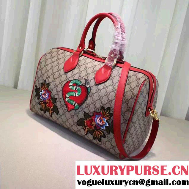 Gucci Top Handle Medium Boston Bag 409527 Embroidered Heart Snake Flower 2016
