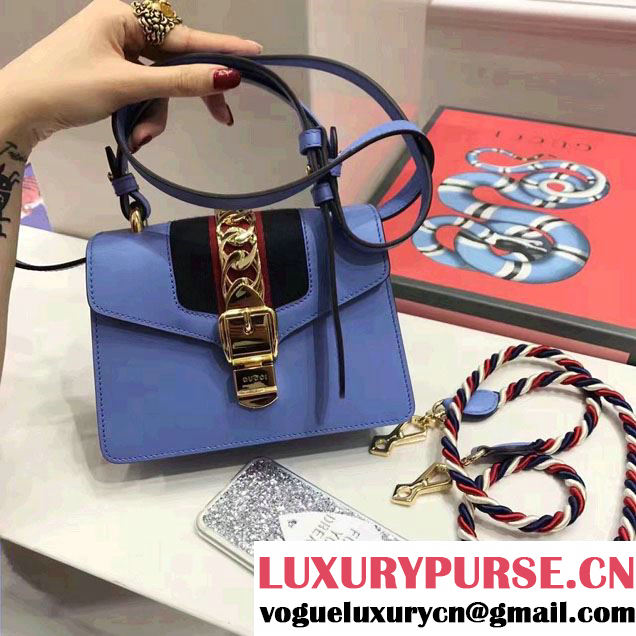 Gucci Sylvie Leather Top Handle Shoulder Mini Bag 470270 Light Blue 2017