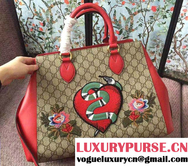 Gucci GG Supreme Top Handle Large Bag 453704 Embroidered Heart Snake Flower 2017