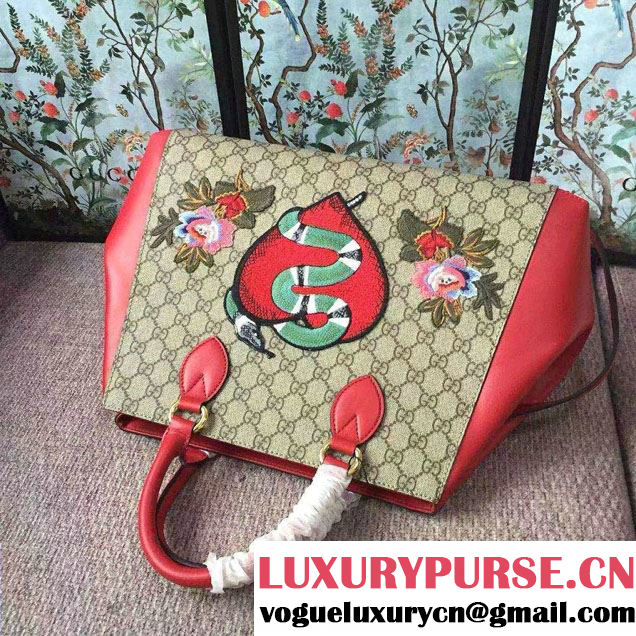 Gucci GG Supreme Top Handle Large Bag 453704 Embroidered Heart Snake Flower 2017