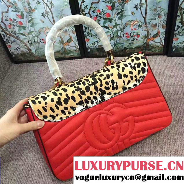 Gucci Leopard Print Calf Hair Top Handle Bag 466413/461912 Red 2017