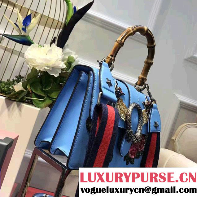 Gucci Dionysus Leather Top Handle Medium Bag 448075 Embroidered Dragonfly And Roses Light Blue 2017