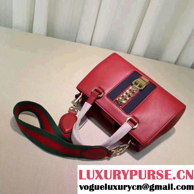 Gucci Sylvie Leather Buckle Design Web Chain Top Handle  Bag 460381 Red 2017