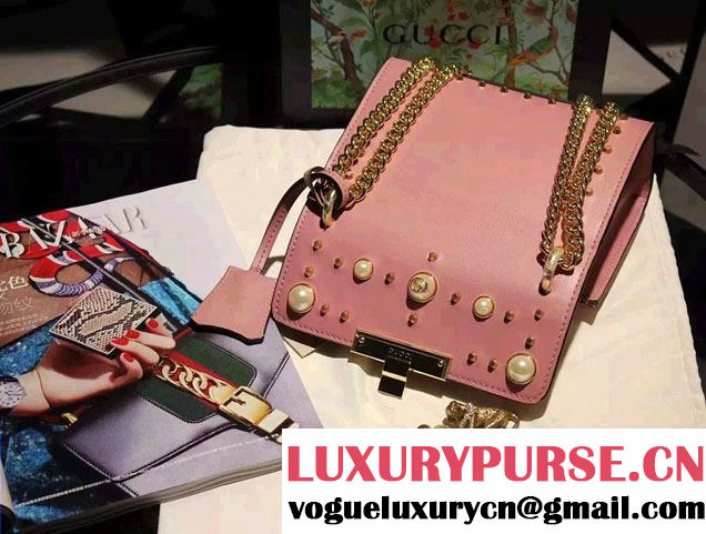 Gucci Padlock GG Pearl Studded Leather Shoulder Small Bag 432182 Pink 2016