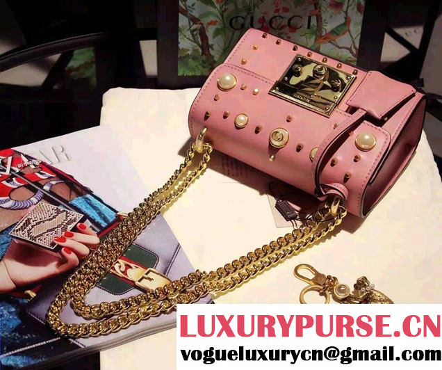 Gucci Padlock GG Pearl Studded Leather Shoulder Small Bag 432182 Pink 2016