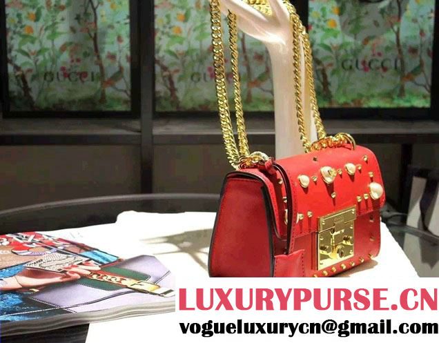 Gucci Padlock GG Pearl Studded Leather Shoulder Small Bag 432182 Red 2016