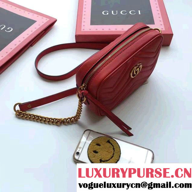Gucci GG Marmont Matelassé Chevron Mini Chain Shoulder Camera Bag 448065 Red 2016