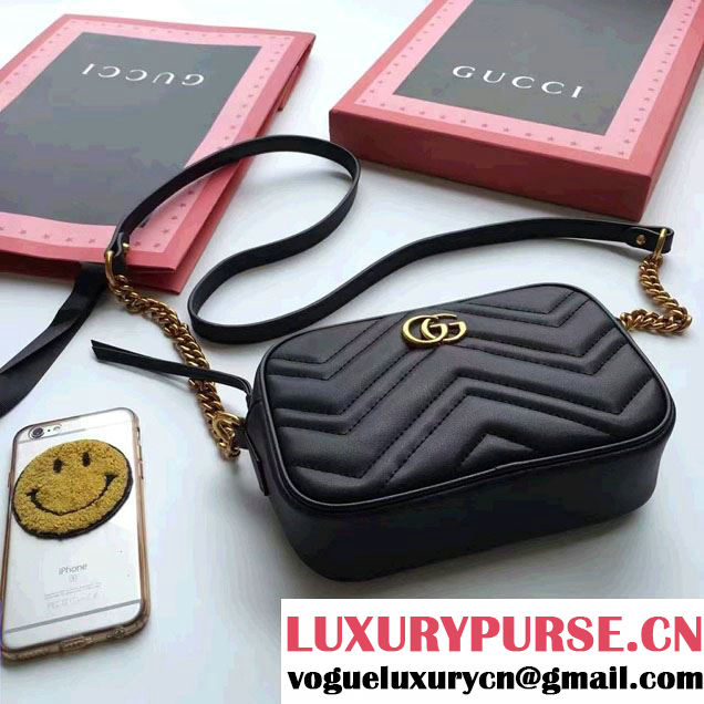 Gucci GG Marmont Matelassé Chevron Mini Chain Shoulder Camera Bag 448065 Black 2016