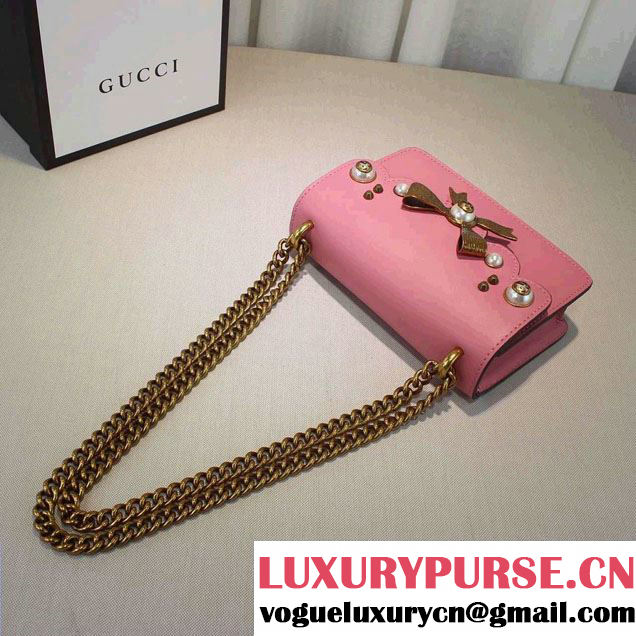 Gucci Pearl Studs and Bow Leather Chain Shoulder Small Bag 432281 Pink 2016
