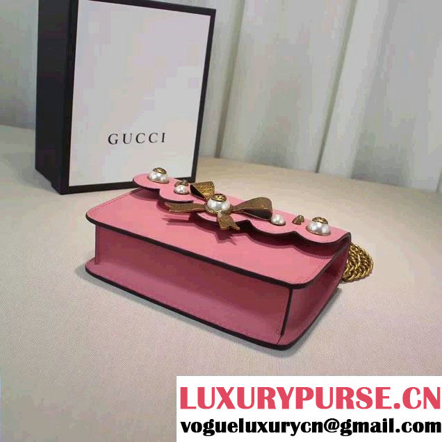 Gucci Pearl Studs and Bow Leather Chain Shoulder Small Bag 432281 Pink 2016