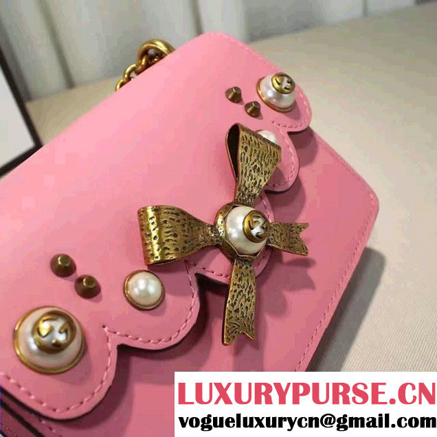 Gucci Pearl Studs and Bow Leather Chain Shoulder Small Bag 432281 Pink 2016