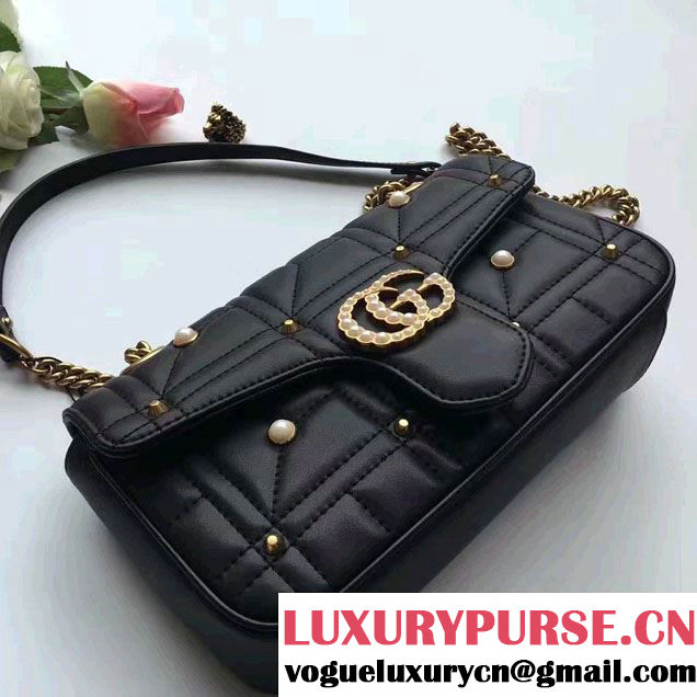 Gucci Pearl Logo GG Marmont Matelassé Chevron Small Chain Shoulder Bag 443497 Black 2016