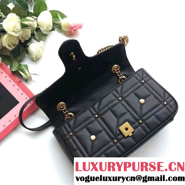 Gucci Pearl Logo GG Marmont Matelassé Chevron Small Chain Shoulder Bag 443497 Black 2016