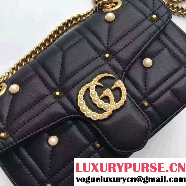 Gucci Pearl Logo GG Marmont Matelassé Chevron Small Chain Shoulder Bag 443497 Black 2016