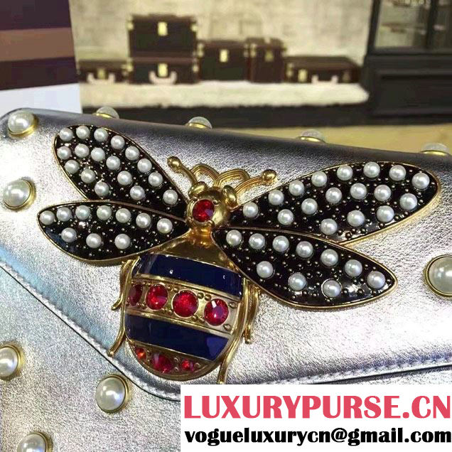 Gucci Pearl Studs And Metal Bee Broadway Leather Chain Clutch Bag 453778 Silver 2017