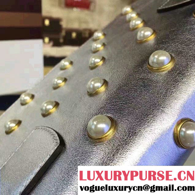 Gucci Pearl Studs And Metal Bee Broadway Leather Chain Clutch Bag 453778 Silver 2017