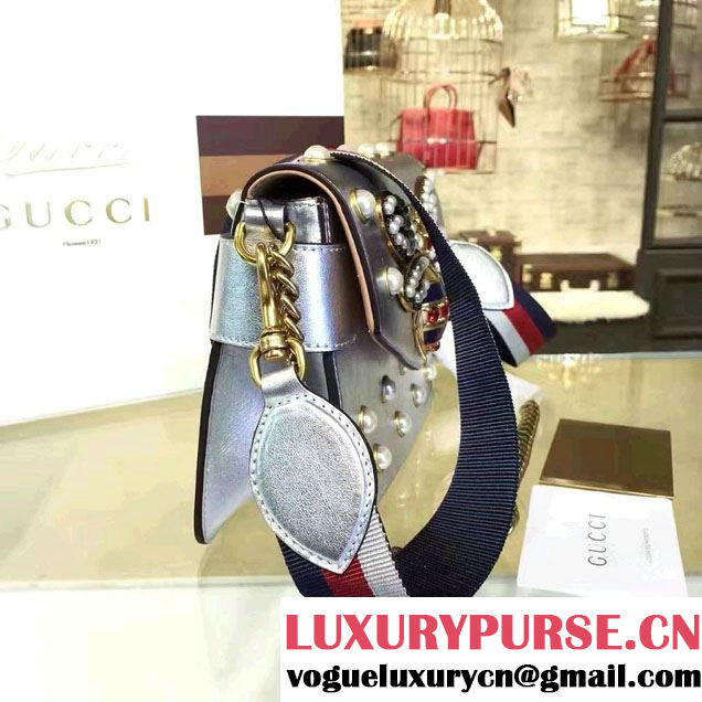 Gucci Pearl Studs And Metal Bee Broadway Leather Chain Clutch Bag 453778 Silver 2017