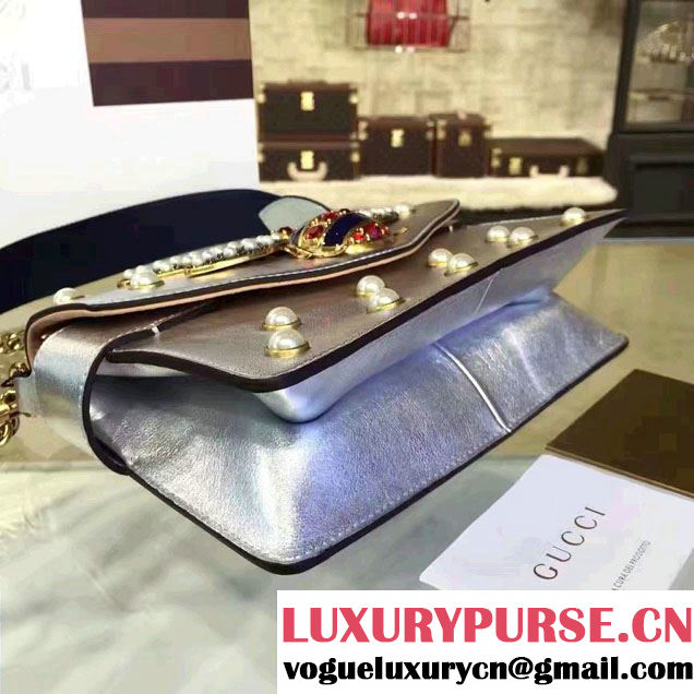 Gucci Pearl Studs And Metal Bee Broadway Leather Chain Clutch Bag 453778 Silver 2017