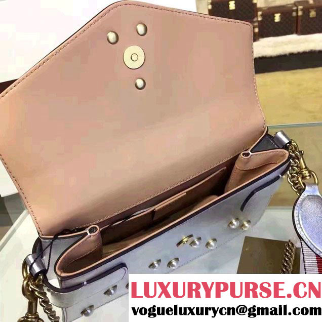 Gucci Pearl Studs And Metal Bee Broadway Leather Chain Clutch Bag 453778 Silver 2017