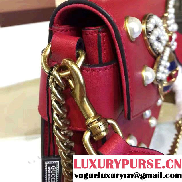 Gucci Pearl Studs And Metal Bee Broadway Leather Chain Clutch Bag 453778 Red 2017
