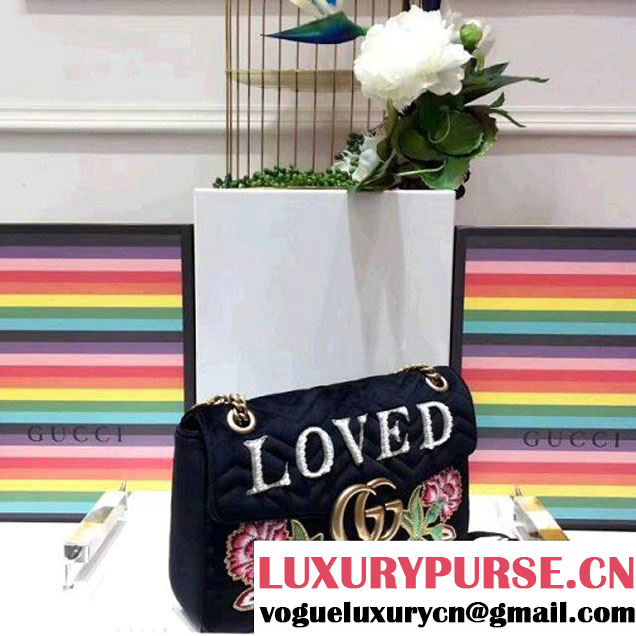 Gucci GG Marmont Embroidered Pearl "Loved" Applique Velvet Medium Bag 443496 Black 2017 (SPM-7092812 )
