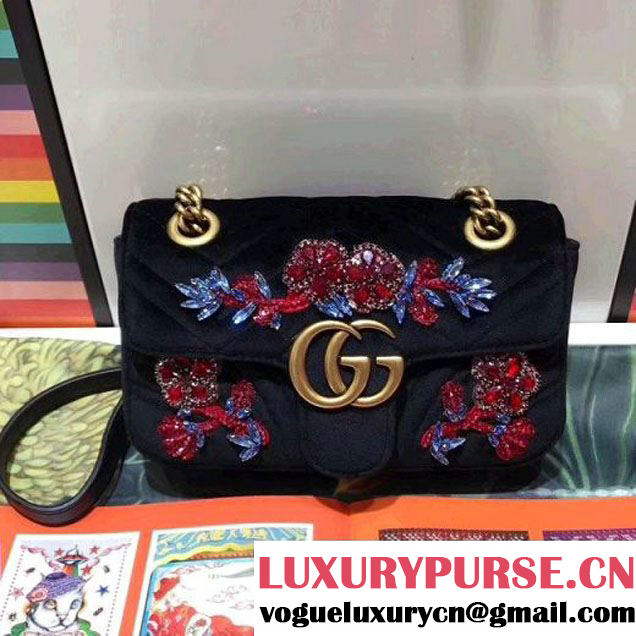 Gucci GG Marmont Embroidered Velvet Mini Bag 446744 Black 2017 (SPM-7092806 )