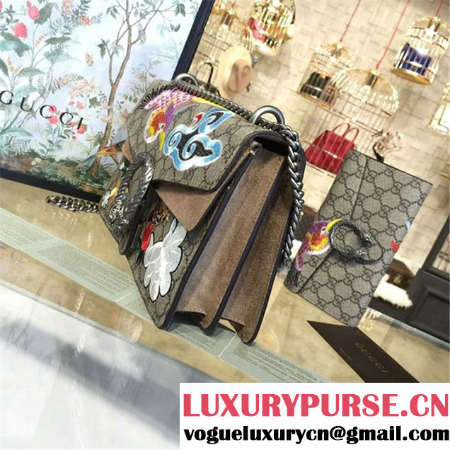 Gucci Dionysus GG Supreme Canvas Shoulder Medium Bag with Phoenix and Flowers Embroidery Fall Winter 2016 Collection Beige Suede Beige