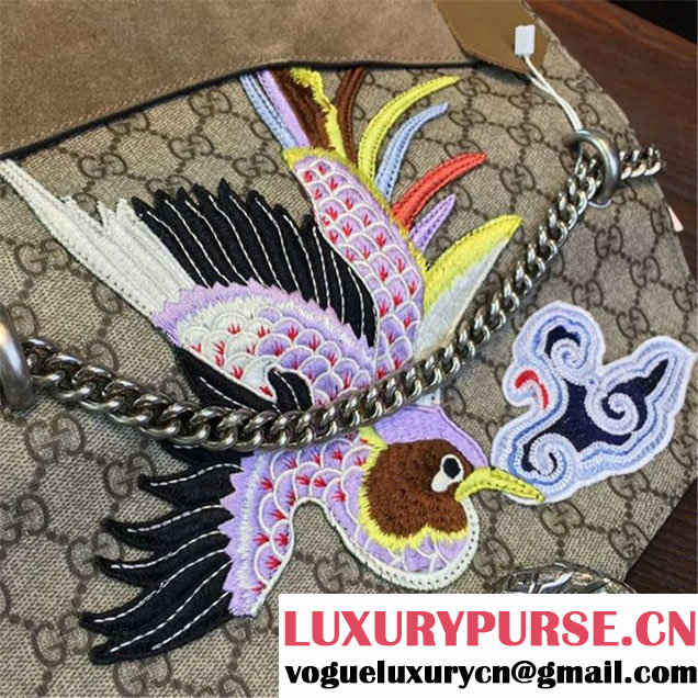 Gucci Dionysus GG Supreme Canvas Shoulder Medium Bag with Phoenix and Flowers Embroidery Fall Winter 2016 Collection Tan Suede Beige