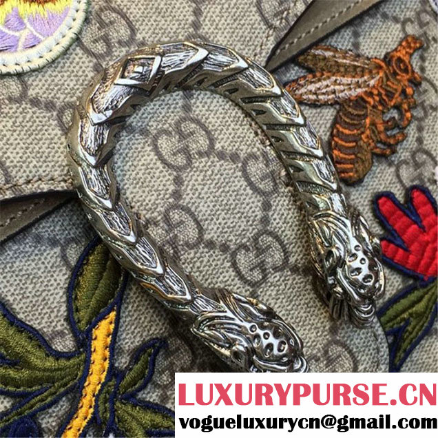 Gucci Dionysus GG Supreme Canvas Shoulder Medium Bag with Phoenix and Flowers Embroidery Fall Winter 2016 Collection Tan Suede Beige