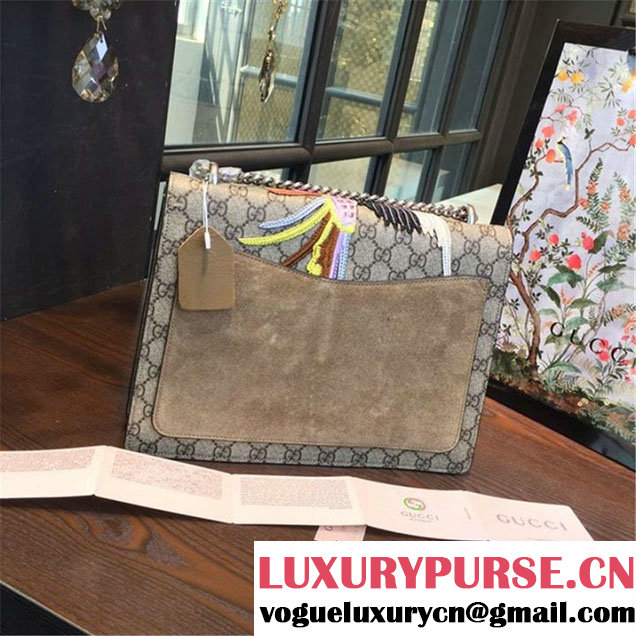 Gucci Dionysus GG Supreme Canvas Shoulder Medium Bag with Phoenix and Flowers Embroidery Fall Winter 2016 Collection Tan Suede Beige