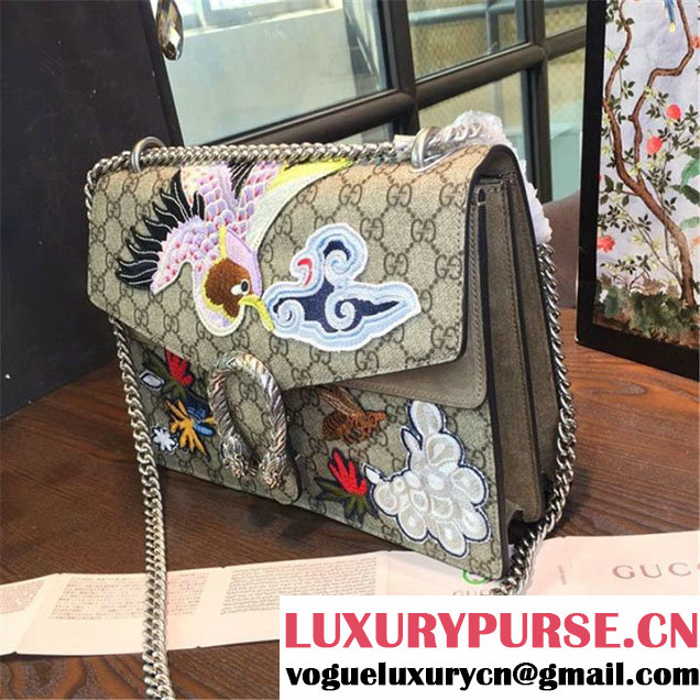 Gucci Dionysus GG Supreme Canvas Shoulder Medium Bag with Phoenix and Flowers Embroidery Fall Winter 2016 Collection Tan Suede Beige
