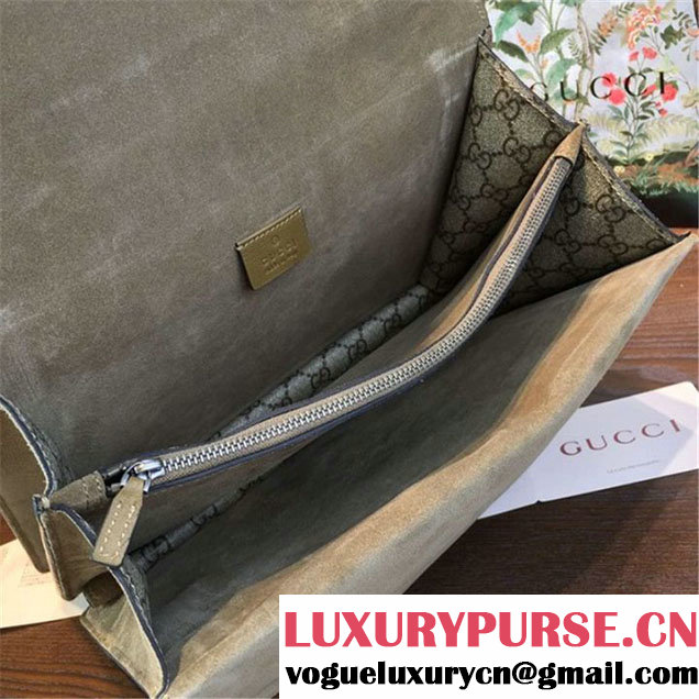 Gucci Dionysus GG Supreme Canvas Shoulder Medium Bag with Phoenix and Flowers Embroidery Fall Winter 2016 Collection Tan Suede Beige