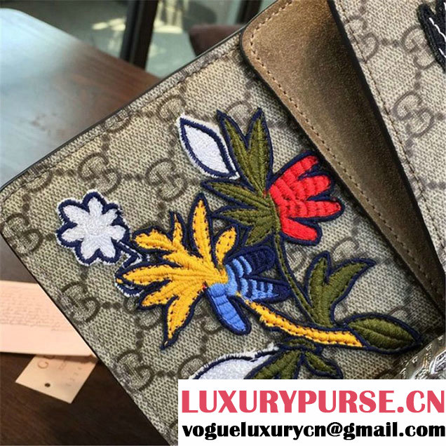 Gucci Dionysus GG Supreme Canvas Shoulder Medium Bag with Phoenix and Flowers Embroidery Fall Winter 2016 Collection Tan Suede Beige