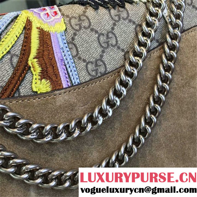 Gucci Dionysus GG Supreme Canvas Shoulder Medium Bag with Phoenix and Flowers Embroidery Fall Winter 2016 Collection Tan Suede Beige