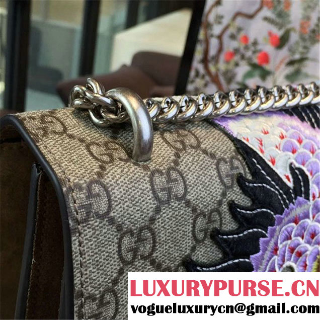 Gucci Dionysus GG Supreme Canvas Shoulder Medium Bag with Phoenix and Flowers Embroidery Fall Winter 2016 Collection Tan Suede Beige