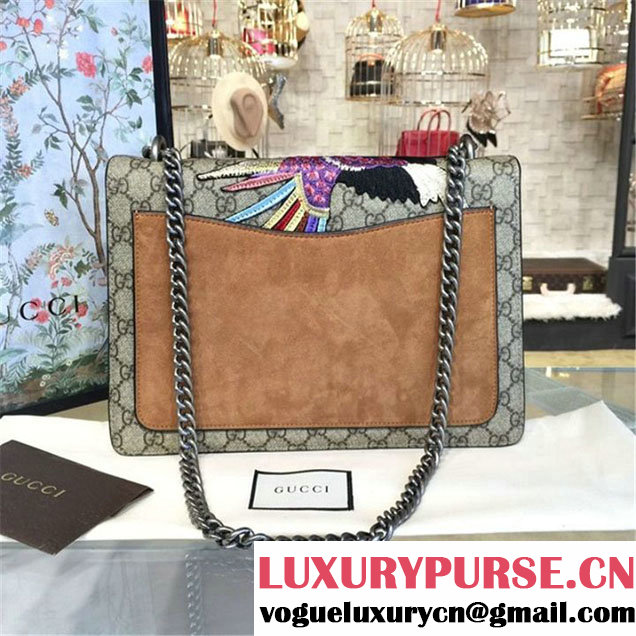 Gucci Dionysus GG Supreme Canvas Shoulder Large Bag with Phoenix and Flowers Embroidery Fall Winter 2016 Collection Tan Suede Beige