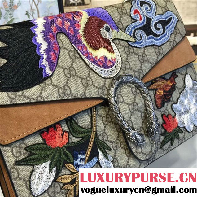 Gucci Dionysus GG Supreme Canvas Shoulder Large Bag with Phoenix and Flowers Embroidery Fall Winter 2016 Collection Tan Suede Beige