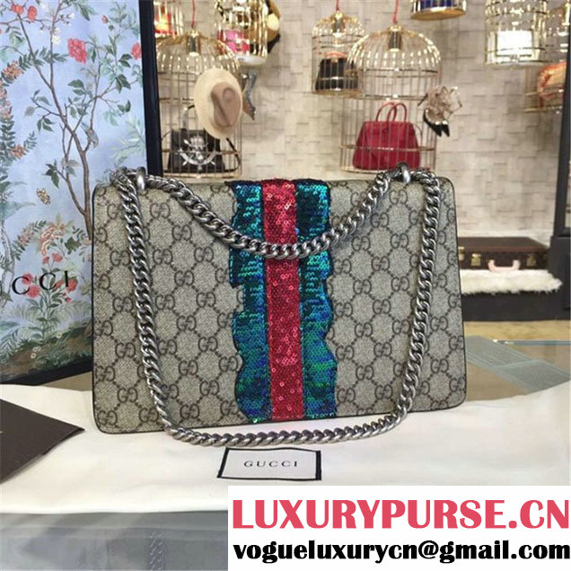Gucci Dionysus GG Supreme Canvas Shoulder Medium Bag with Mouth and Lightening Bolt Appliqué Fall Winter 2016 Collection Beige Suede Beige