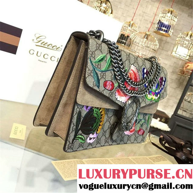 Gucci Dionysus GG Supreme Canvas Butterfly and Flowers Embroidery Large Shoulder Bag Spring Summer 2016 Collection Beige Suede Beige