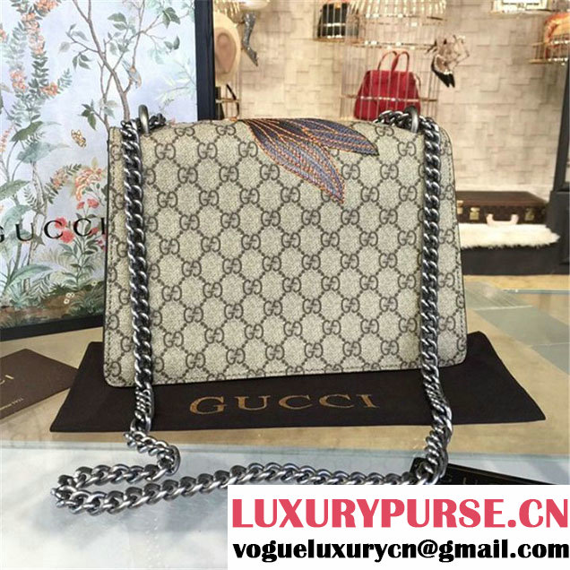 Gucci Dionysus GG Supreme Canvas Shoulder Medium Bag with Bee Embroidery Fall Winter 2016 Collection Brown Suede Beige